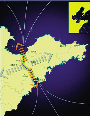 设想中的胶莱运河走向示意图. 资料图片