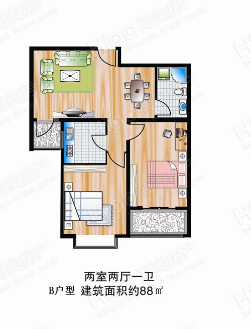 丽馨苑户型B：二室两厅一卫88㎡