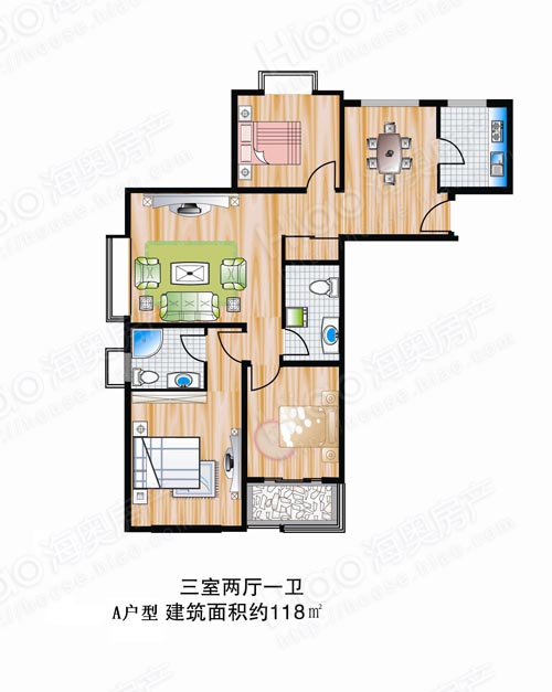 丽馨苑户型A1：三室两厅一卫118㎡