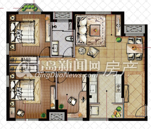 香邑暖山D1户型-三室两厅一卫 100.36㎡