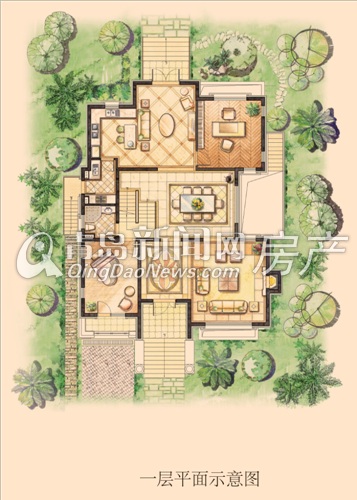 麗山国际F-E户型 一层平面示意图（地上建筑面积合计302㎡）