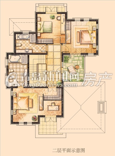 麗山国际F-E户型 二层平面示意图（地上建筑面积合计302㎡）