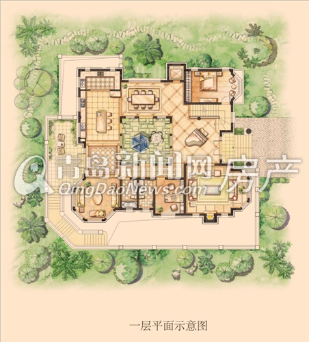 麗山国际F-G户型 一层平面示意图（地上建筑面积合计466㎡）