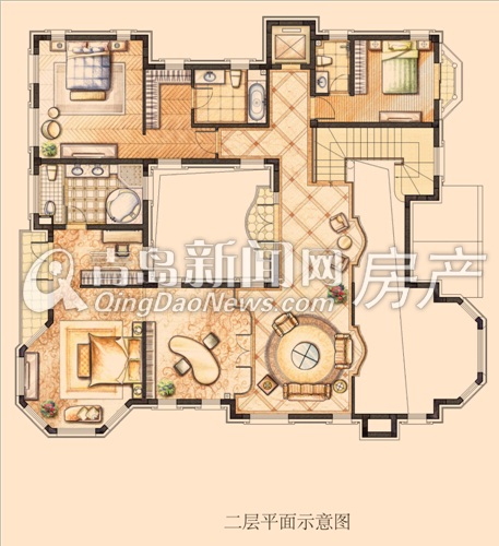 麗山国际F-G户型 二层平面示意图（地上建筑面积合计466㎡）