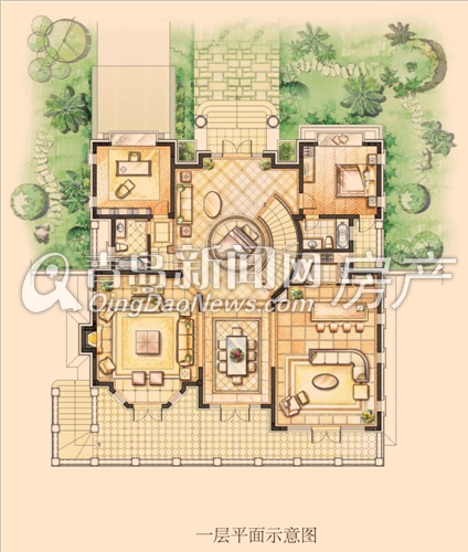 麗山国际F-H户型 一层平面示意图（地上建筑面积合计430㎡）