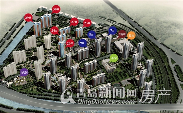 联城海岸锦城鸟瞰图 图中红色标记的楼座即为3期锦绣园