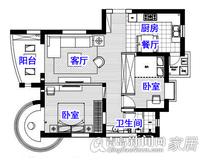 96平简约混搭二居室卧室阳台变工作台提升空间尺度图