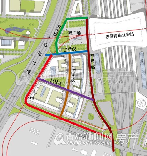 铁路青岛北客站西广场一至六号线道路工程平面示意图